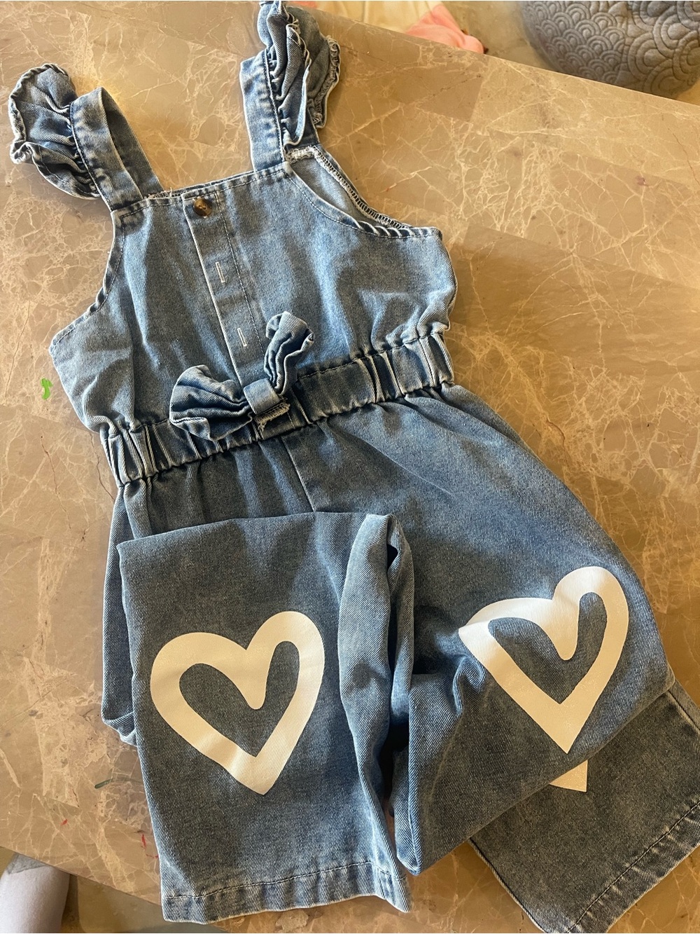 Denim Heart Print Girls' Jumpsuit - Blue
